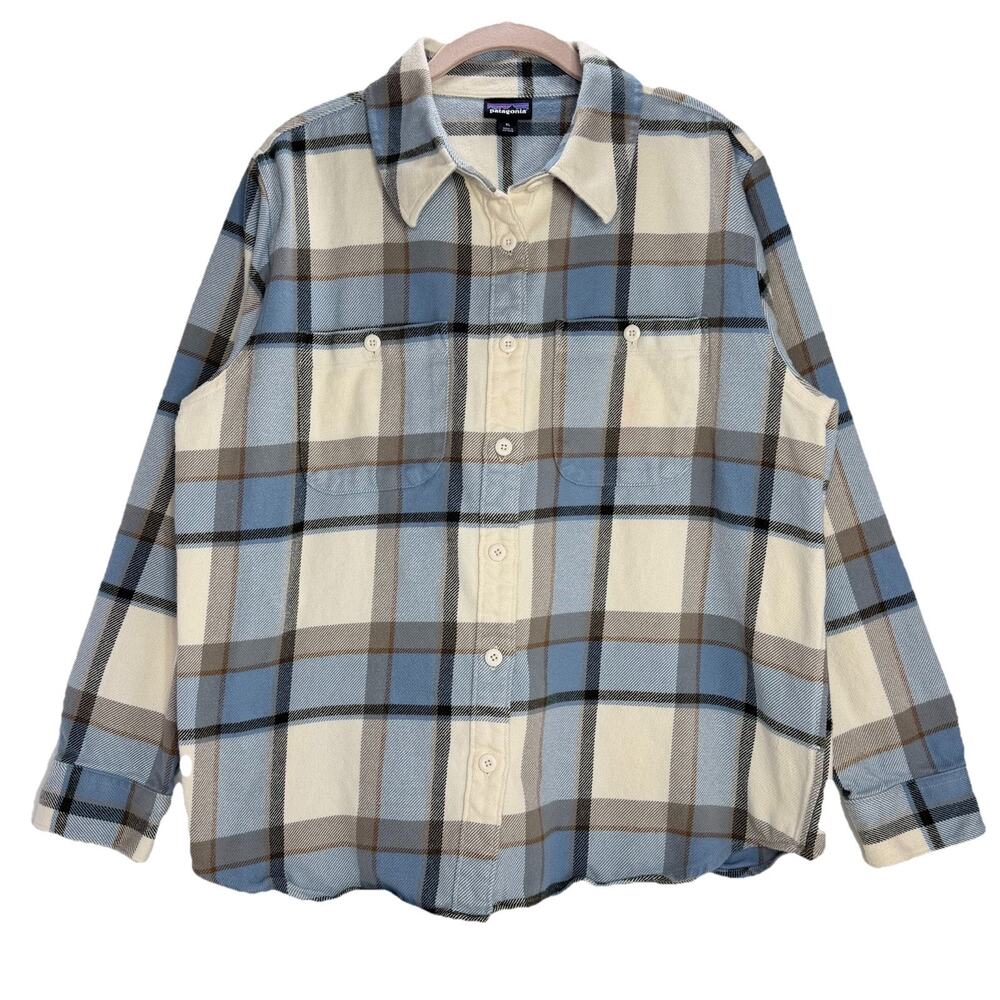 PATAGONIA Fjord Flannel Shirt Women XL Sunrise Ridge Natural Blue Plaid 42406 EC